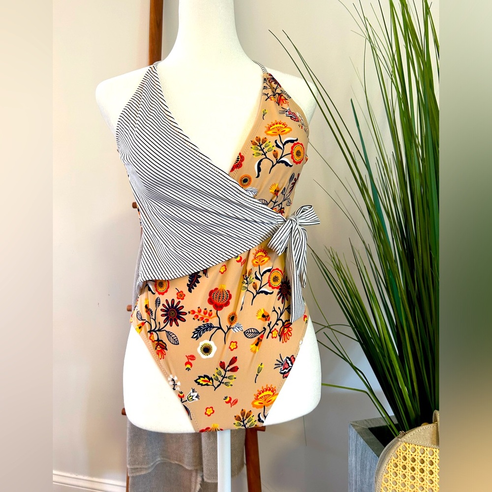Swimsuit Floral And Stripe Print One Piece Very Stylish And Soft Size Large